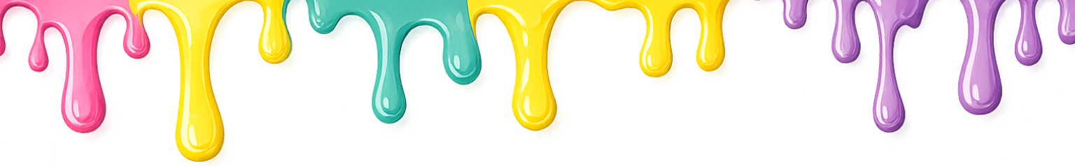 Colorful dripping paint design in pink, yellow, green, and purple on a white background